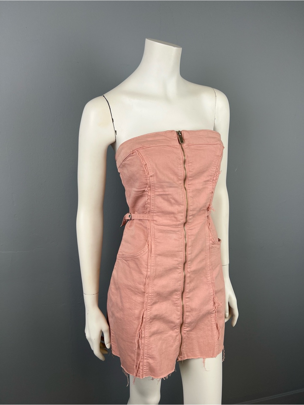 Zara 99% Cotton Strapless Pink Zip-Front Mini Denim Dress